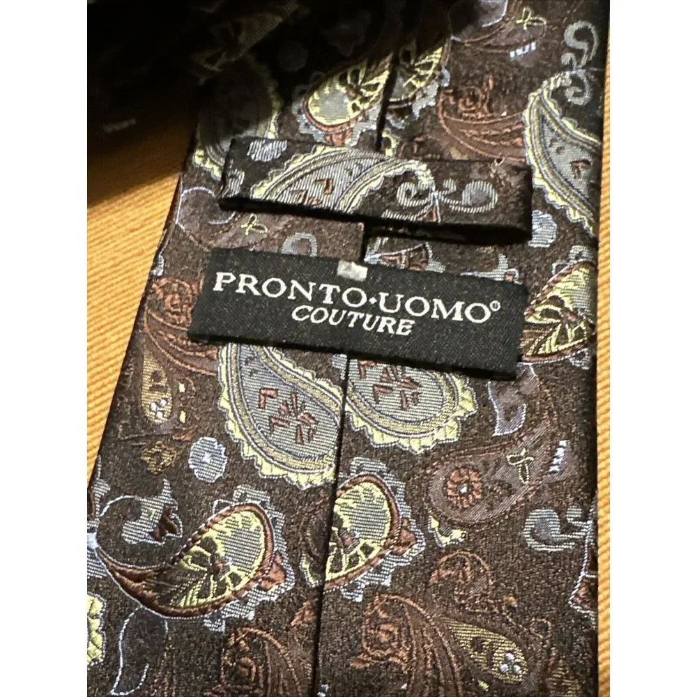 PRONTO UOMO Mens Classic Tie 100% Brown Tone Silk‎ Paisley Hand Made Necktie